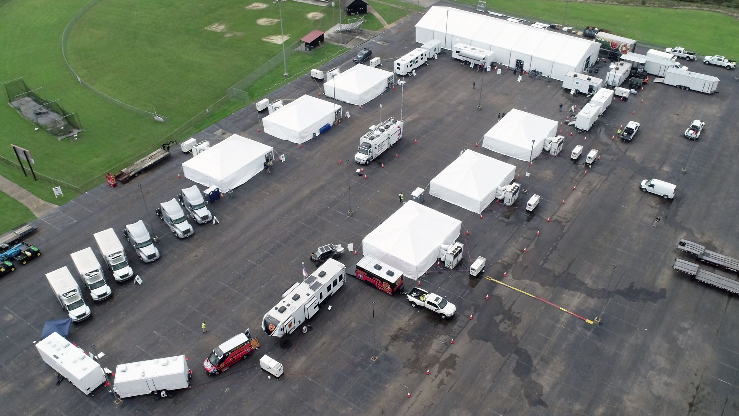 Pictured is a mock staging site that was set up in Baton Rouge as part of Entergy's 2023 Louisiana storm drill.