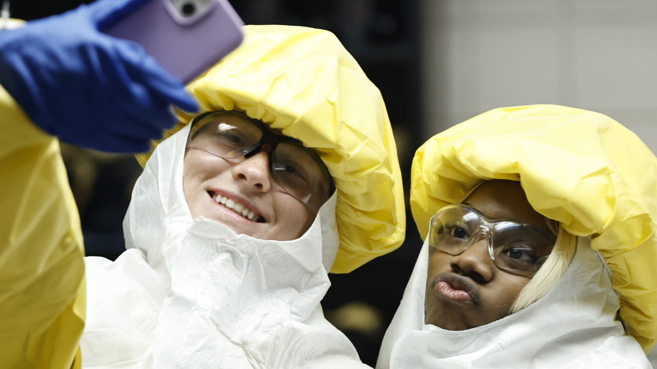 Nettleton High School students dressed out in protective clothing like a radiation protection technician.