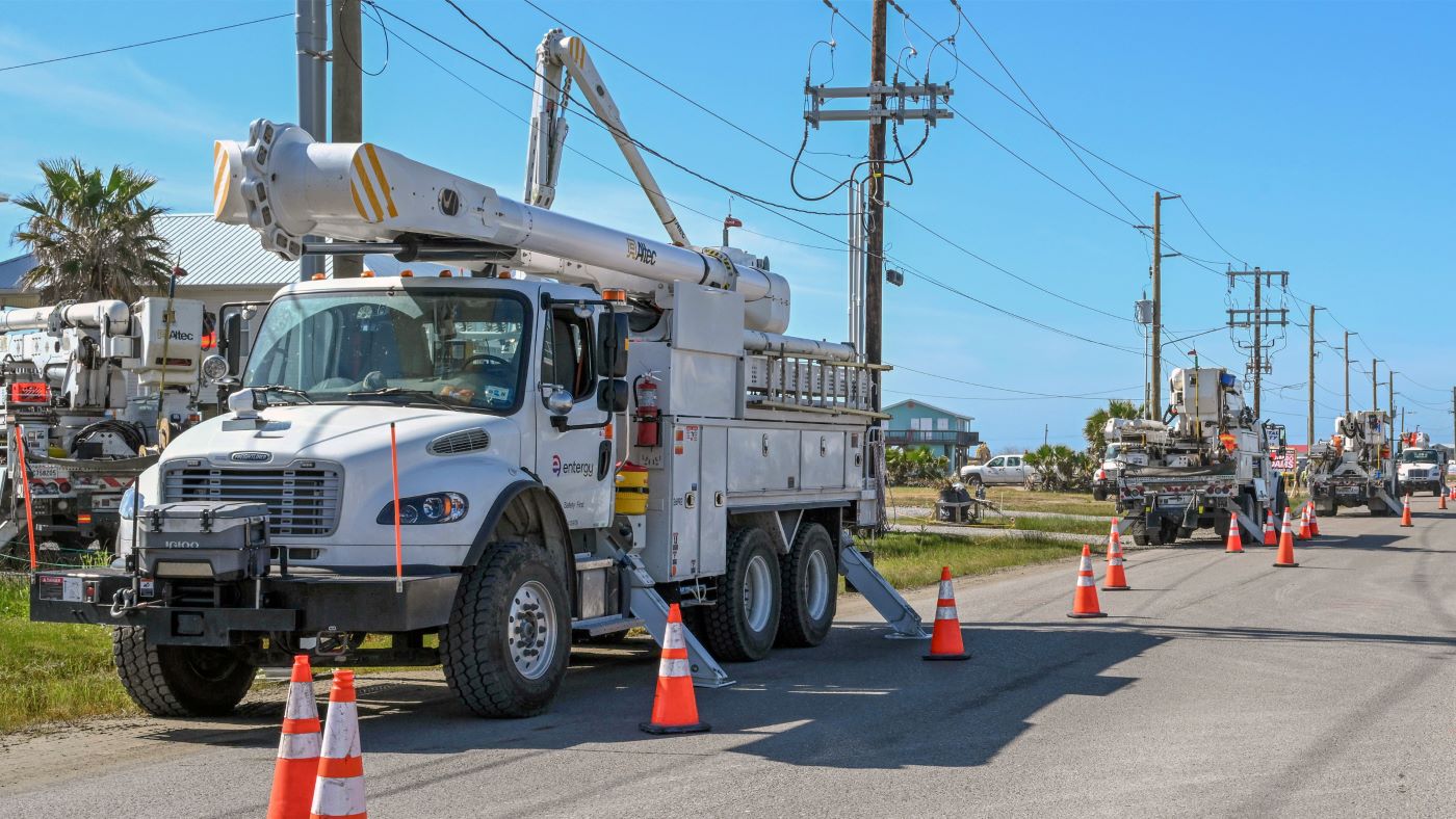 Pictured are Entergy crews performing work on the distribution system in Grand Isle. 