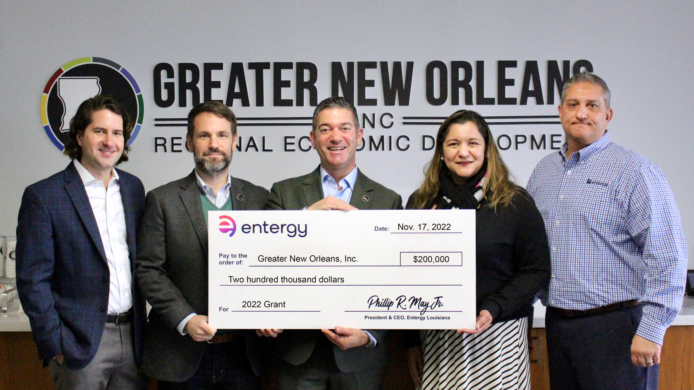 Pictured, from left, are Andrew Jacques, Entergy New Orleans business and economic development project manager; Josh Fleig, GNO, Inc. vice president of business development; Michael Hecht, GNO, Inc. president and CEO; Ana Gale-Orellana, Entergy Louisiana business and economic development project manager; and Perry Pertuit, Entergy Louisiana business and economic development manager.