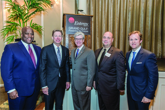 (From left) Rod West, Entergy Corporation; Leo Denault, Entergy Corporation; Mississippi Gov. Phil Bryant; Chris Bakken, Entergy Nuclear, and Haley Fisackerly, Entergy Mississippi, Inc. gather to celebrate the relicensing of Grand Gulf Nuclear Station. (From left) Rod West, Entergy Corporation; Leo Denault, Entergy Corporation; Mississippi Gov. Phil Bryant; Chris Bakken, Entergy Nuclear, and Haley Fisackerly, Entergy Mississippi, Inc. gather to celebrate the relicensing of Grand Gulf Nuclear Station.