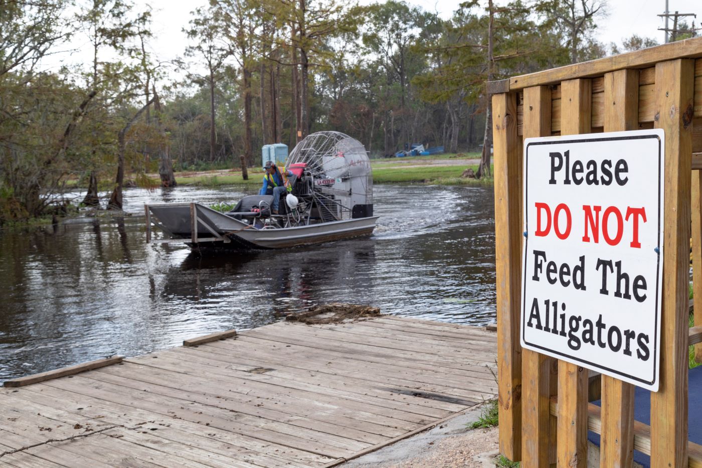 Airboats are often used to shuttle crews to and from sites, and it’s part of their safety training to watch out for snakes and gators along the way! 