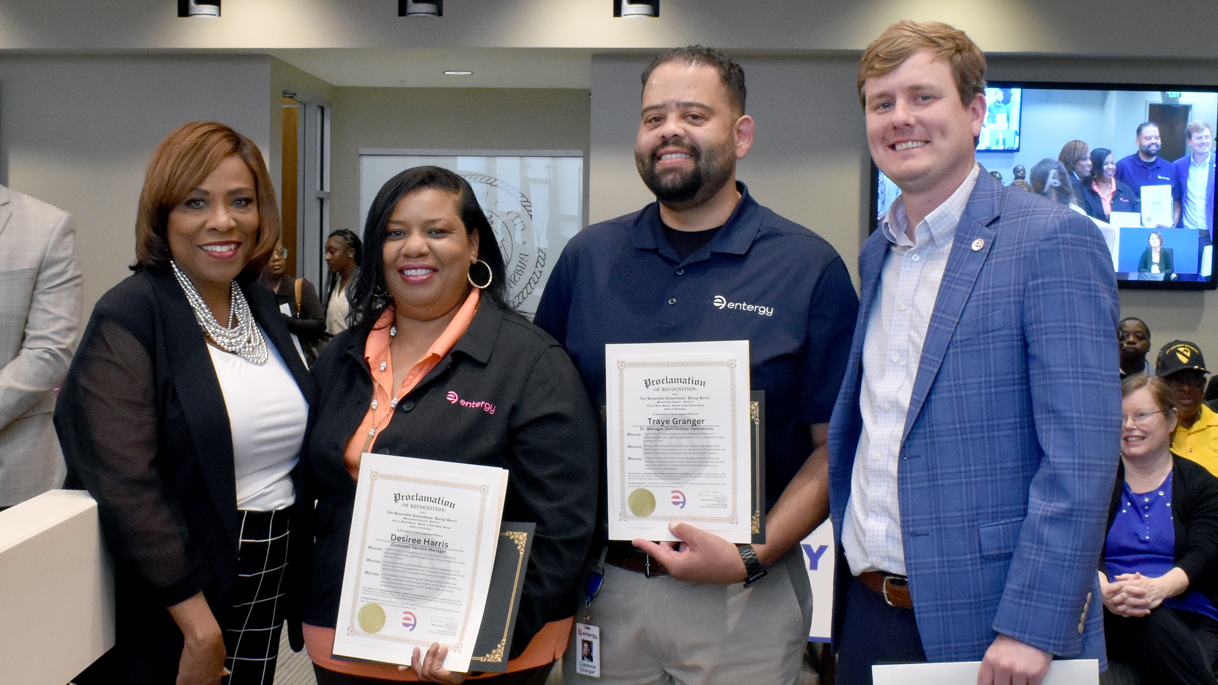 Baton Rouge Mayor-President Sharon Weston Broome is pictured with Desiree Harris, Entergy Louisiana customer service manager; Traye Granger, Entergy Louisiana region distribution operations senior manager; and Seth Schilling, region customer service manager. Broome recognized the three Entergy employees at the recent metropolitan council meeting with certificates of commendation.