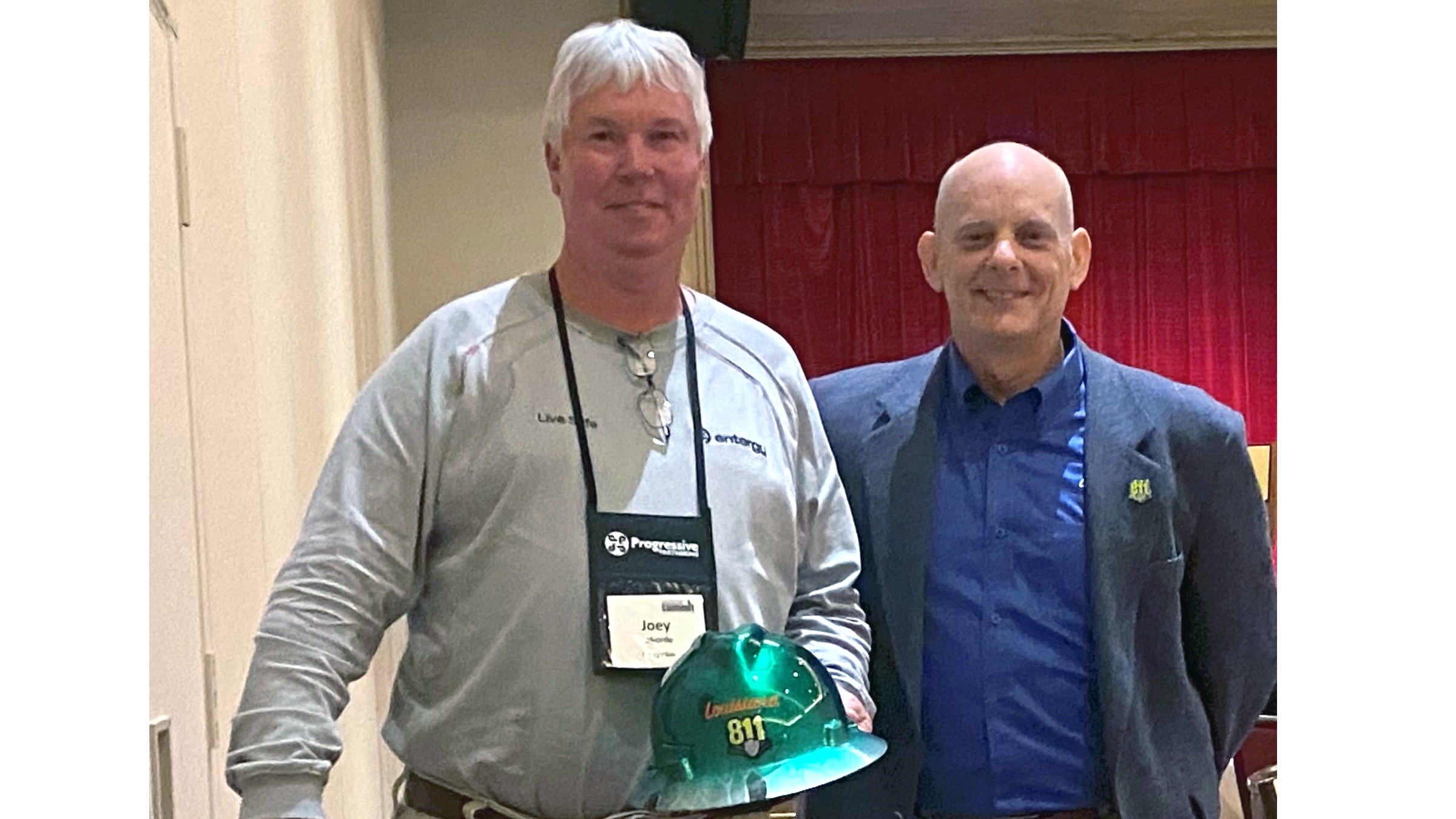 Pictured is Joey Laborde, Entergy gas locator, with Brent Saltzman, Louisiana 811 executive director, at the Damage Prevention Summit in Baton Rouge.