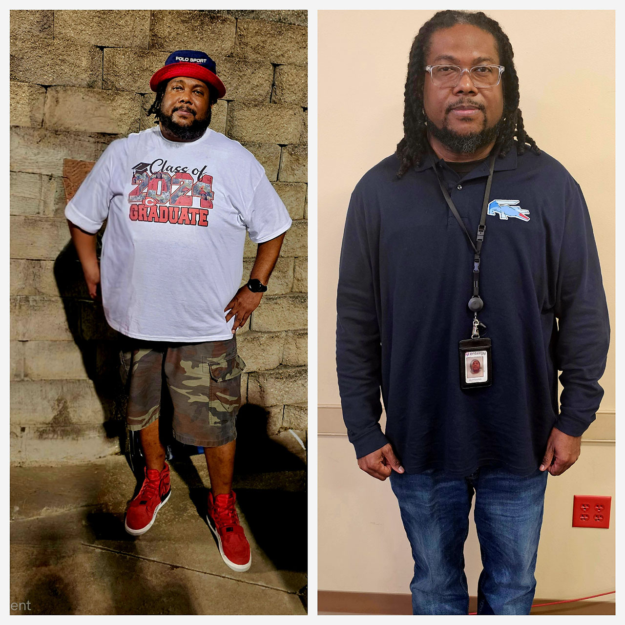 Entergy Mississippi team member Quintaurus Wright before (left) and after (right) an annual health screening inspired him to take important steps to a healthier life.