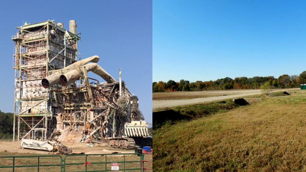 The Moses plant during demolition and the site after the job was completed. 