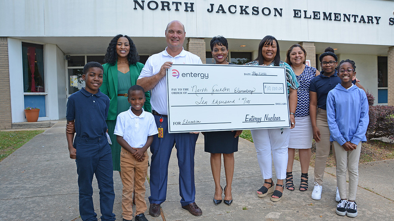 Entergy Nuclear team members greeted Jackson Public School administrators and North Jackson Elementary faculty and students to officially adopt the school and presented its first grant to the school.