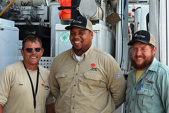 Entergy Louisiana linemen (from left) Carl Prejean, Kasdan Oliver and Dustin Ledet took action to help a state trooper who was in a roadside struggle with a suspect.
