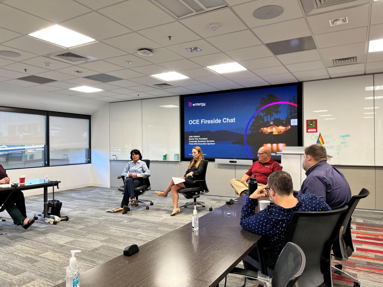 Entergy leaders discuss LGBTQ+ workplace issues with Pride ERG members during a fireside chat. From left to right: Kathryn Collins, senior vice president and chief human resources officer; Julie Harbert, senior vice president of corporate business services and Pride ERG’s executive sponsor; Chris Bakken, executive vice president of nuclear operations and chief nuclear officer