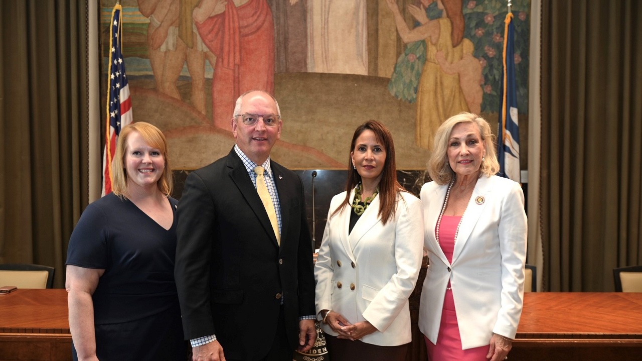 Dr. Libbie Sonnier, Gov. John Bel Edwards , Patty Riddlebarger and Charmaine Caccioppi advocate for early child care and education at the Louisiana State Capitol 